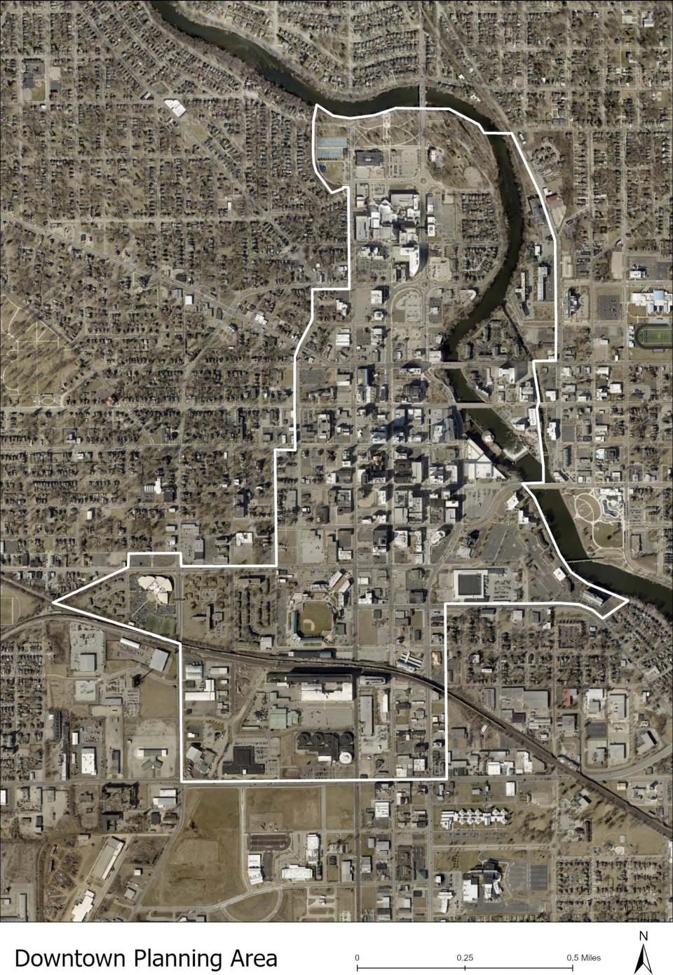 What's outlined in white in this map represents downtown South Bend as it will be considered for 2045 planning, according to city officials.