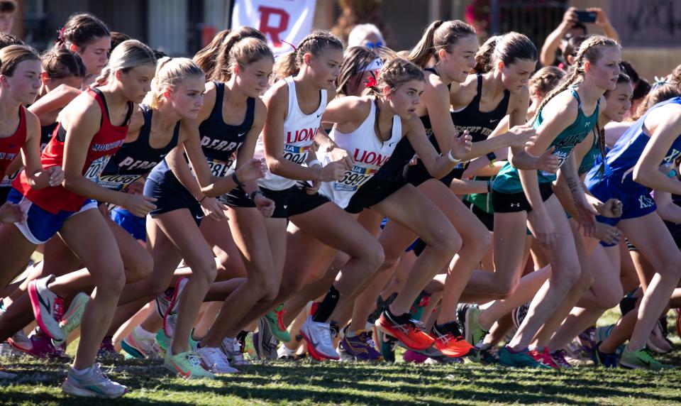 The start of the Division 1 Girls AIA State Cross Country State Championship race on Nov. 13, 2021, at the Cave Creek Golf Course in Phoenix.