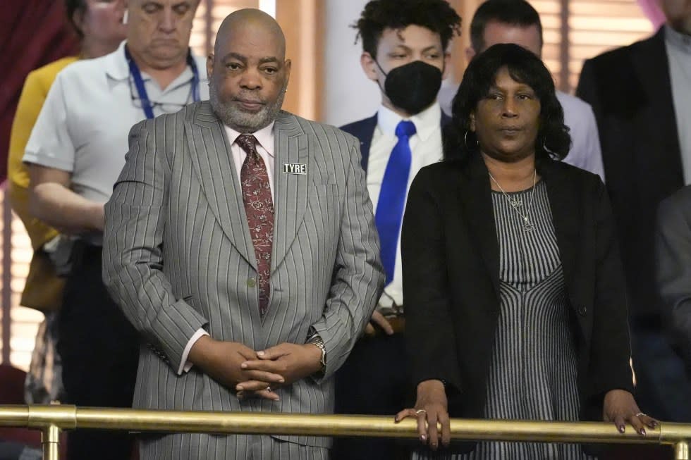 Rodney and RowVaughn Wells, the parents of Tyre Nichols, attend a House session of the state legislature Monday, March 4, 2024, in Nashville, Tenn. (AP Photo/George Walker IV)