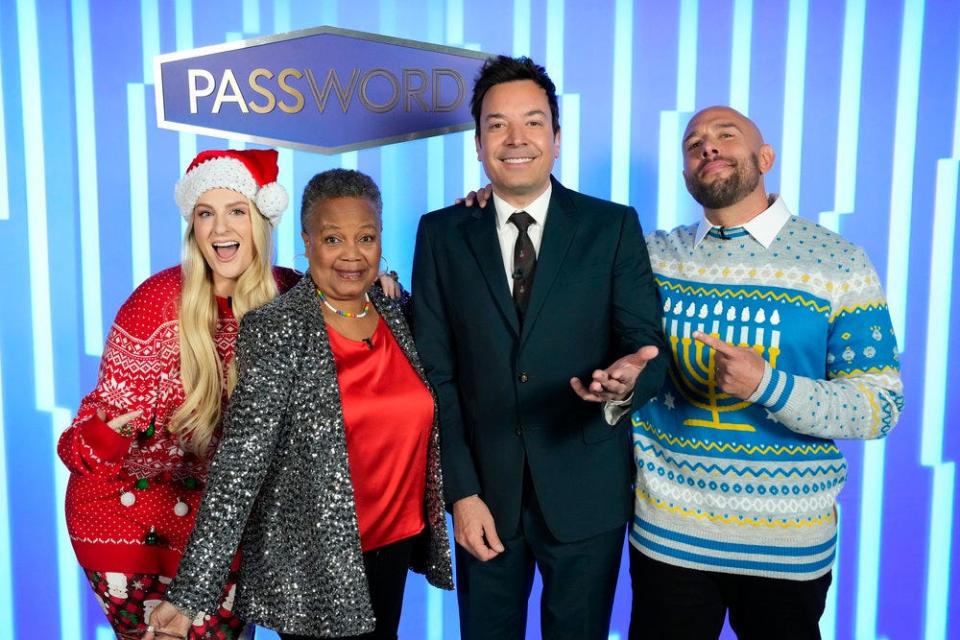 Detroit native Donnie Smith (second from left) pictured with celebrity guests Meghan Trainor and Jimmy Fallon and another contestant on the holiday episode of NBC's "Password."