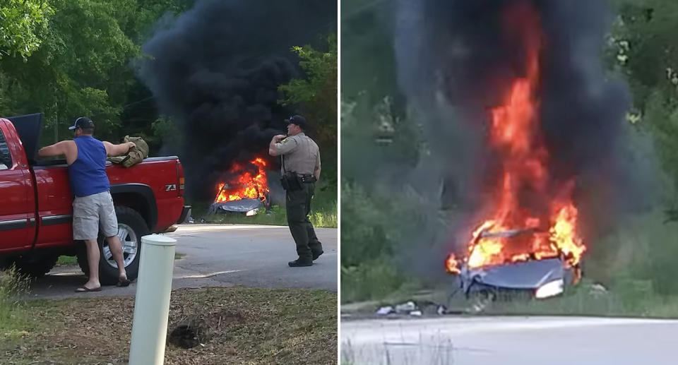 A car pictured on fire in South Carolina.
