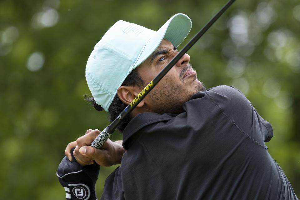 Sebastián Muñoz, of Torque GC, hits a tee shot during the final round of LIV Golf DC at Trump National, Sunday, May 28, 2023, in Sterling, Va. (Photo by LIV Golf via AP)