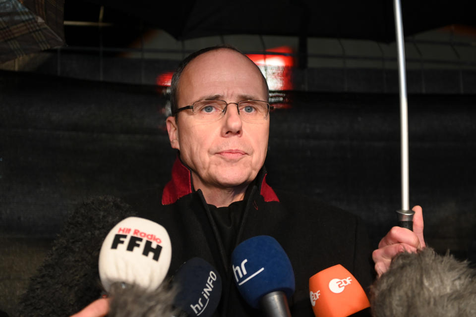 24 February 2020, Hessen, Volkmarsen: Hessian Interior Minister Peter Beuth (CDU) makes a statement at the point where a car drove into a Rose Monday procession. According to Frankfurt police chief Bereswill, 30 people were injured. Seven of them were seriously injured. Photo: Uwe Zucchi/dpa (Photo by Uwe Zucchi/picture alliance via Getty Images)