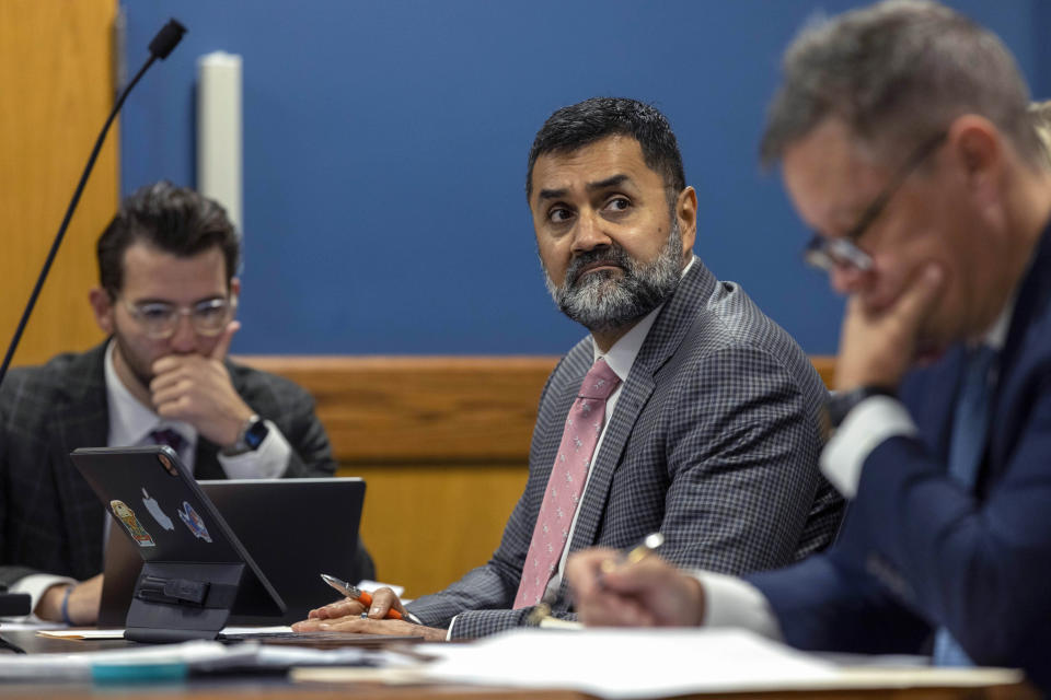 Attorney Manny Arora, who is representing defendant Kenneth Chesebro, listens during a jury questionnaire hearing in the courtroom of Fulton County Superior Judge Scott McAfee at the Fulton County Courthouse on Monday, Oct. 16, 2023, in Atlanta. (Alyssa Pointer/Pool Photo via AP)