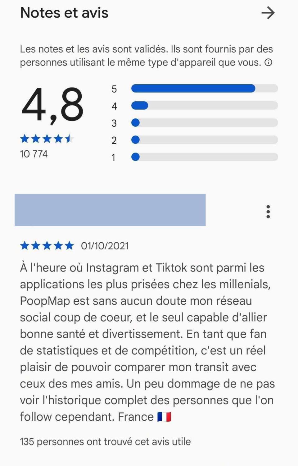 Capture d’écran anonymisée d’un avis sur Poop map dans l’Android store