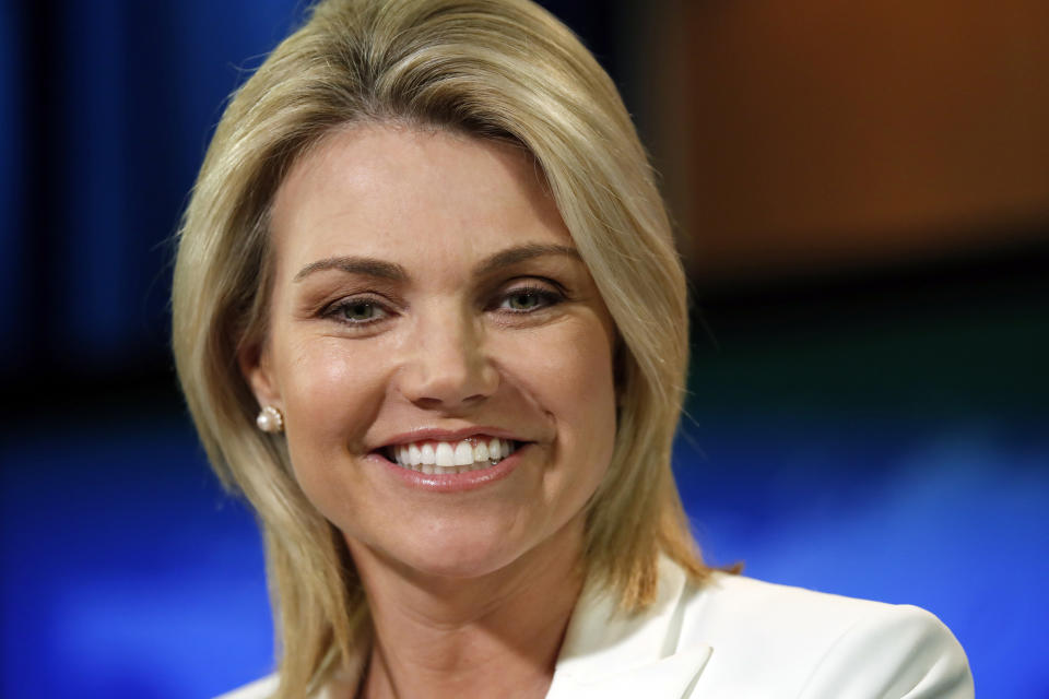 FILE - In this Aug. 9, 2017, file photo, State Department spokeswoman Heather Nauert speaks during a briefing at the State Department in Washington. President Donald Trump is expected to nominate Nauert to be the next U.S. ambassador to the United Nations. Two administration officials confirmed Trump’s plans. A Republican congressional aide said the president was expected to announce his decision by tweet on Friday morning, Dec. 7, 2018. The officials were not authorized to speak publicly. (AP Photo/Alex Brandon, File)