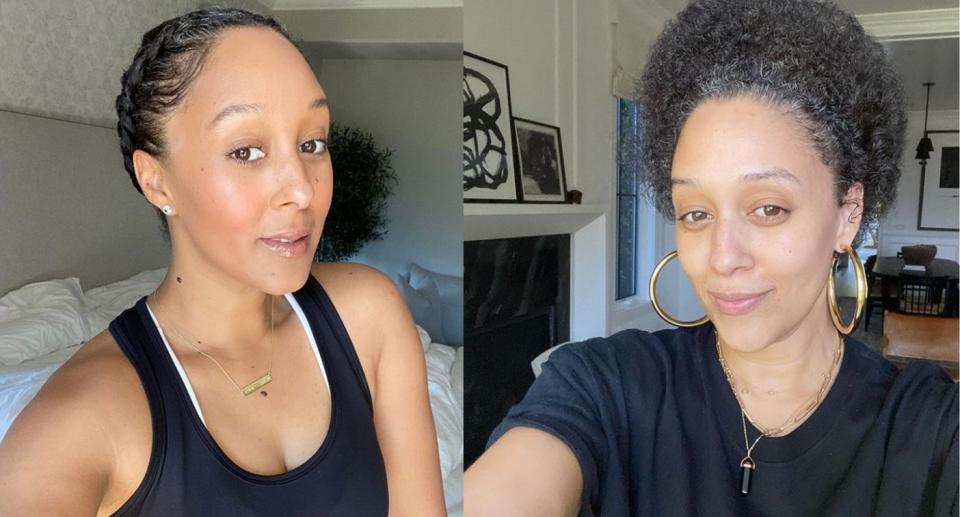 Tamera Mowry-Housely and twin sister Tia Mowry-Hardict are embracing their greys during quarantine. (Images via Instagram) 