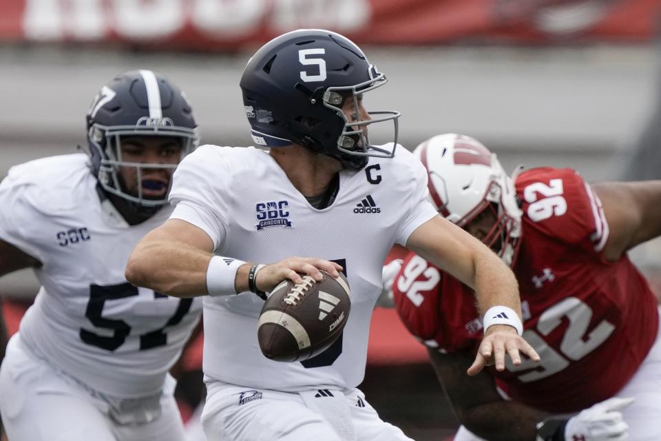 Georgia Southern's Davis Brin (5) throws during the first half of an NCAA college football game against Wisconsin Saturday, Sept. 16, 2023, in Madison, Wis. (AP Photo/Morry Gash)