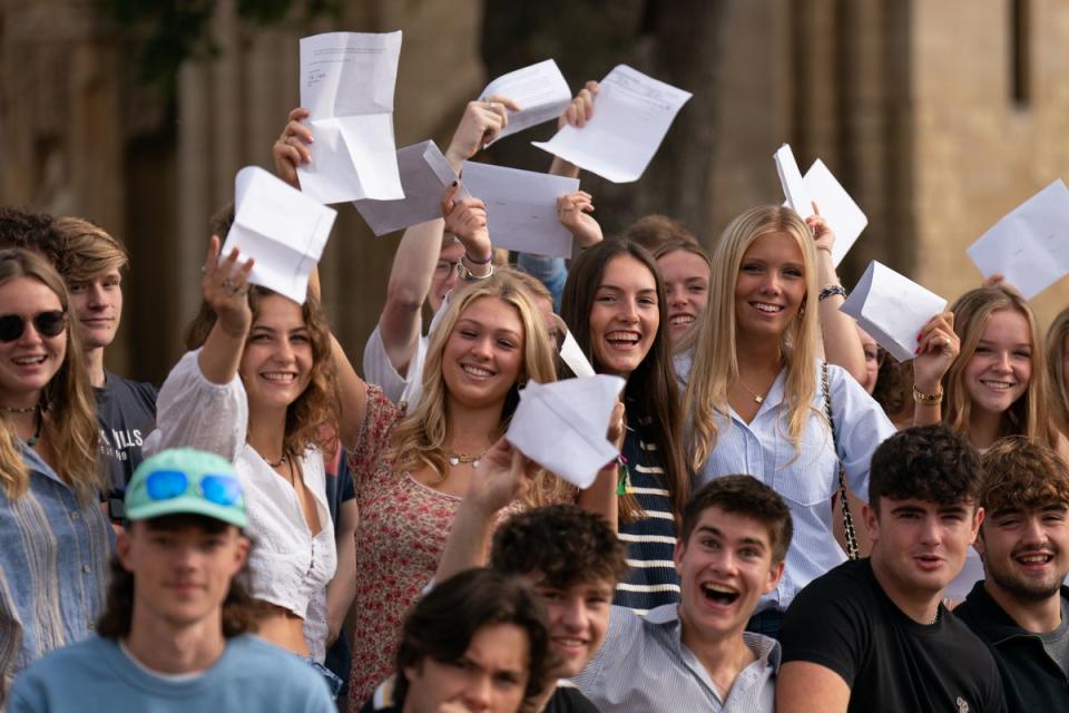 18 August 2022: Pupils celebrate with their A-level results at Norwich School, Norwich (PA)