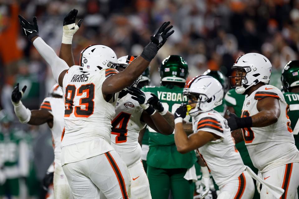 Cleveland Browns defensive tackle Shelby Harris celebrates after blocking a field goal against the New York Jets on Dec. 28, 2023, in Cleveland.