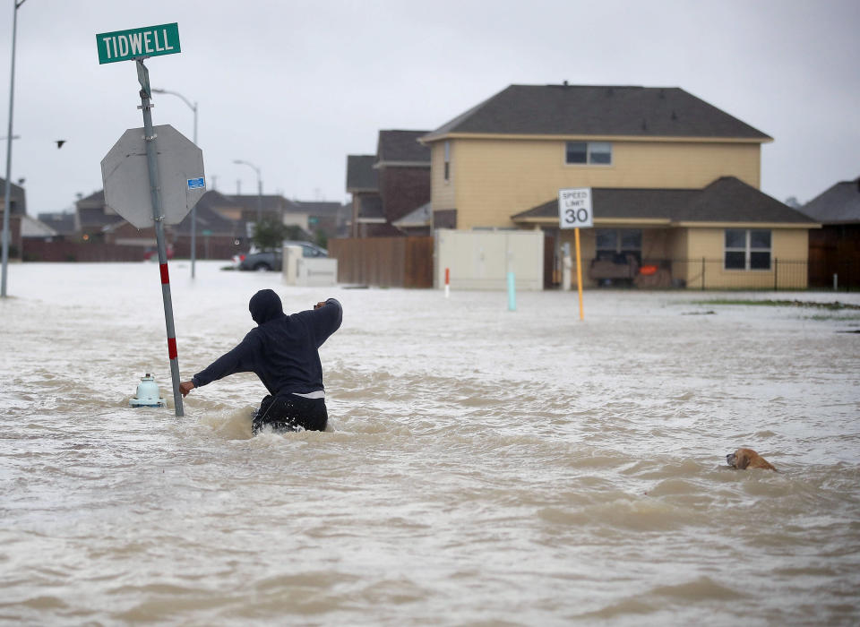 A person walks through a flooded street with a dog in Houston.&nbsp;