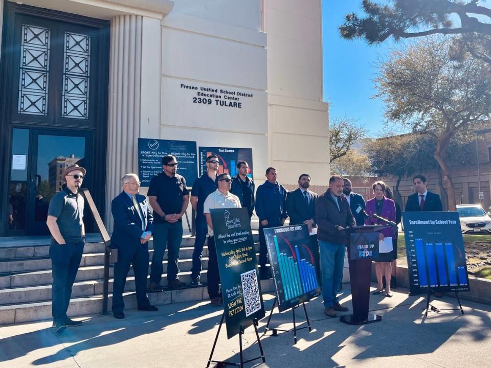 Fresno Unified community leaders, including School Board President Susan Wittrup, called on an open and transparent superintendent search in front of the district’s building on April 2, 2024.