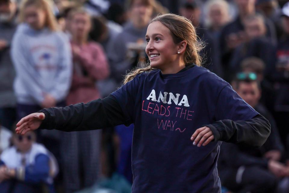 Anna Bockius from Padua Academy wins the girls division I race at the DIAA Cross Country Championships Saturday, Nov. 11, 2023; at Brandywine Creek State Park in Wilmington, DE.