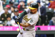 Oakland Athletics' Jace Peterson grounds out during the first inning of the team's baseball game against the Seattle Mariners, Tuesday, May 23, 2023, in Seattle. (AP Photo/Caean Couto)