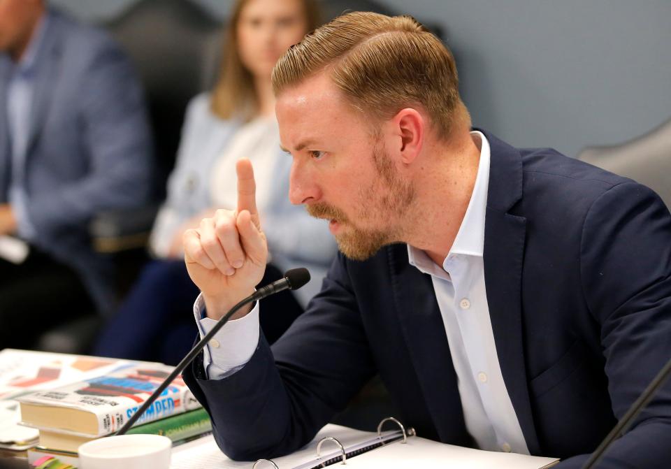 Ryan Walters, state schools superintendent, speaks March 23 during a meeting with the Oklahoma State Board of Education in Oklahoma City.