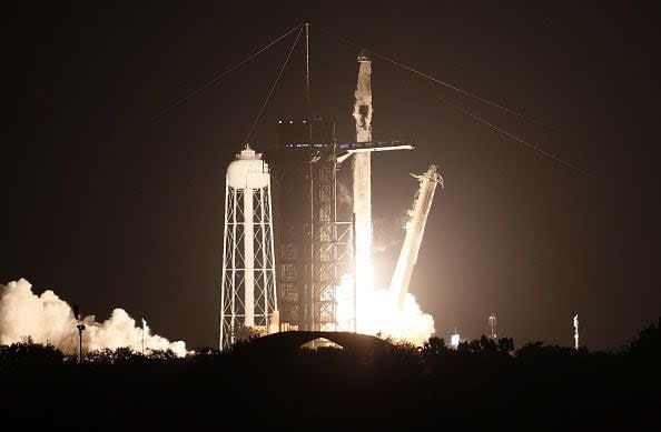 CAPE CANAVERAL, FLORIDA - APRIL 23:  SpaceX Falcon 9 rocket lifts off from launch pad 39A at the Kennedy Space Center on April 23, 2021 in Cape Canaveral, Florida. SpaceX launched the Falcon 9 rocket with an international crew of four astronauts in a Crew Dragon capsule to the International Space Station. (Photo by Joe Raedle/Getty Images)