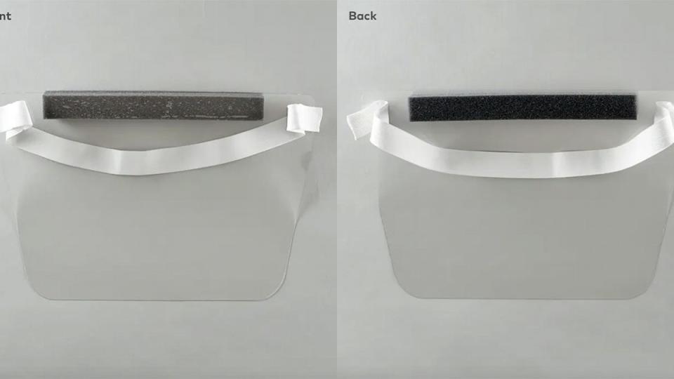 The front and back of the plastic face shields.