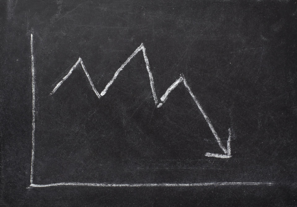 A chalkboard sketch showing a graph with an arrow moving lower