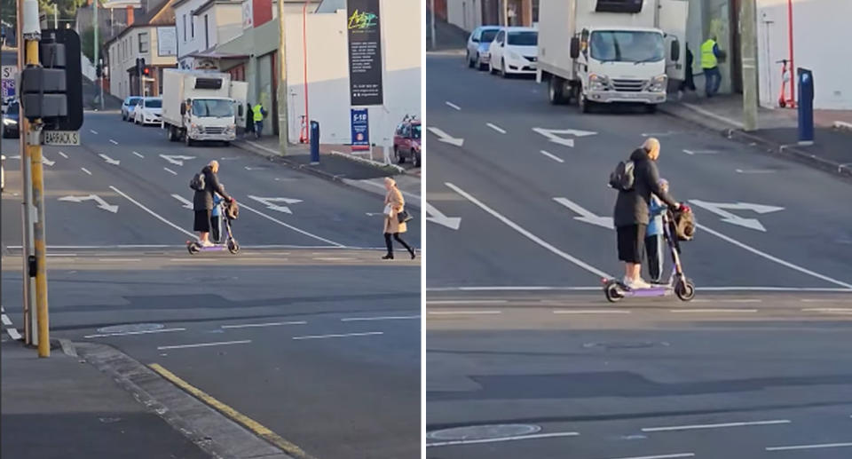 Two photos of a Hobart woman riding what appears to be her child on an e-scooter.