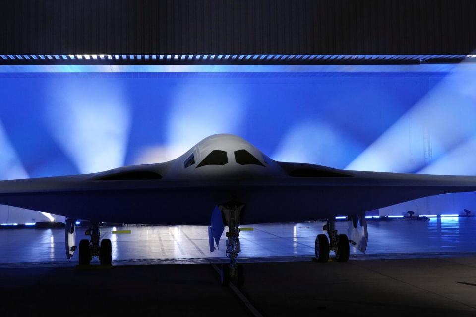 The B-21 Raider stealth bomber is unveiled at Northrop Grumman, Dec. 2, 2022, in Palmdale, Calif.