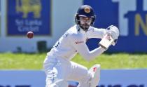 Sri Lankan batsman Dhananjaya de Silva plays a shot against West Indies during the fourth day of their second test cricket match in Galle, Sri Lanka, Thursday, Dec. 2, 2021. (AP Photo/Eranga Jayawardena)