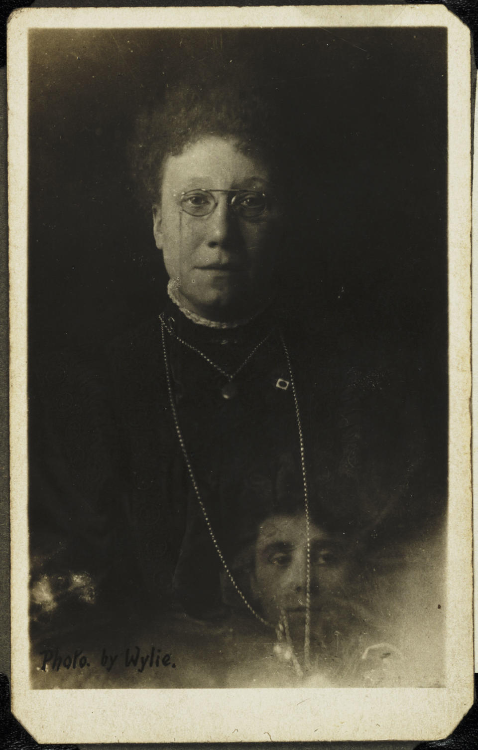 A photograph of Mrs Bentley, once the President of the British Spiritualists Lyceum Union, taken by Wylie. A superimposed image - that of Mrs Bentley's deceased sister's face - appears at the lower right of the photograph. (Photo by SSPL/Getty Images)