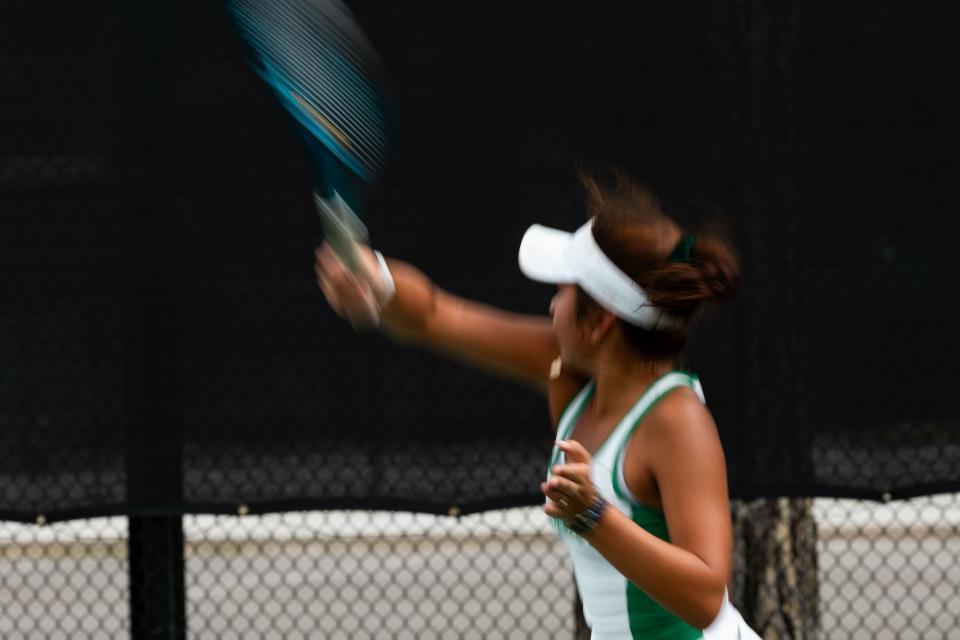 Hillcrest’s Fabiana Gonzalez competes in the first singles finals against Orem’s Maya Inouye during the 2023 4A Girls Tennis Championships at Liberty Park Tennis Courts in Salt Lake City on Saturday, Sept. 30, 2023. Inouye won the match during a tie-break game in the third set. | Megan Nielsen, Deseret News