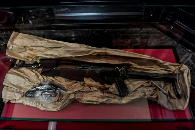 The weapons displayed as evidence at the week-old trial in Brussels