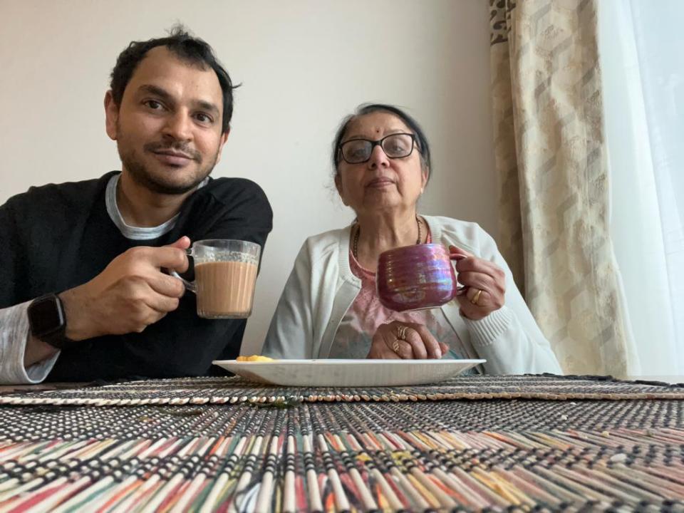 Jignesh Padia visited his mother, Sandhya Jani, in the U.K. in December 2023. He says the 63-year-old is all by herself there and needs constant medical attention. (Submitted by Jignesh Padia - image credit)