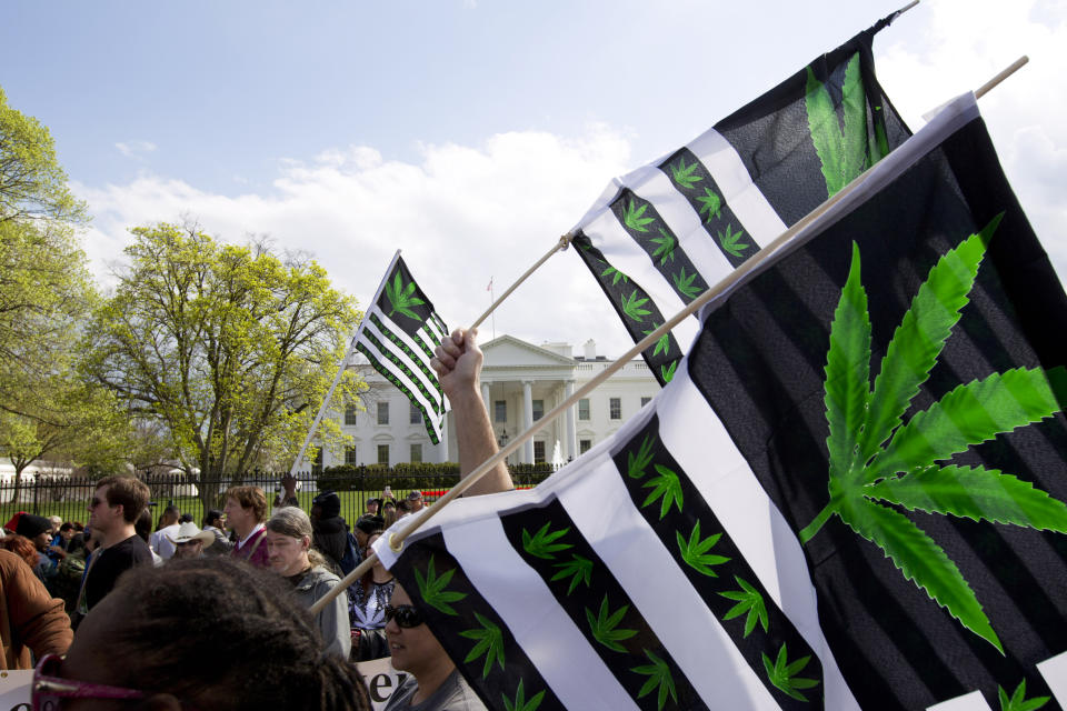 FILE - A demonstrator waves a flag with marijuana leaves depicted on it during a protest calling for the legalization of marijuana, outside of the White House on April 2, 2016, in Washington. President Joe Biden is pardoning thousands of Americans convicted of “simple possession” of marijuana under federal law, as his administration takes a dramatic step toward decriminalizing the drug and addressing charging practices that disproportionately impact people of color. (AP Photo/Jose Luis Magana, File)