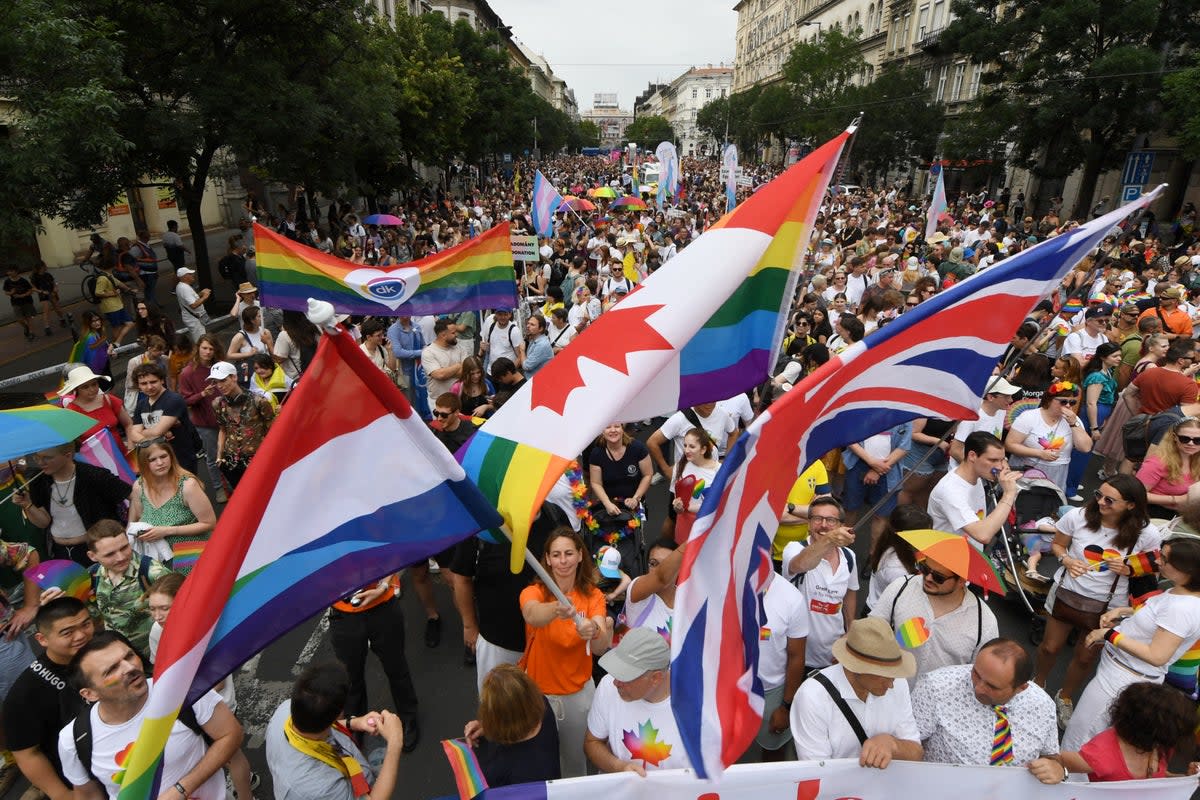 Participants march during the Budapest Pride Parade earlier this month (Getty)