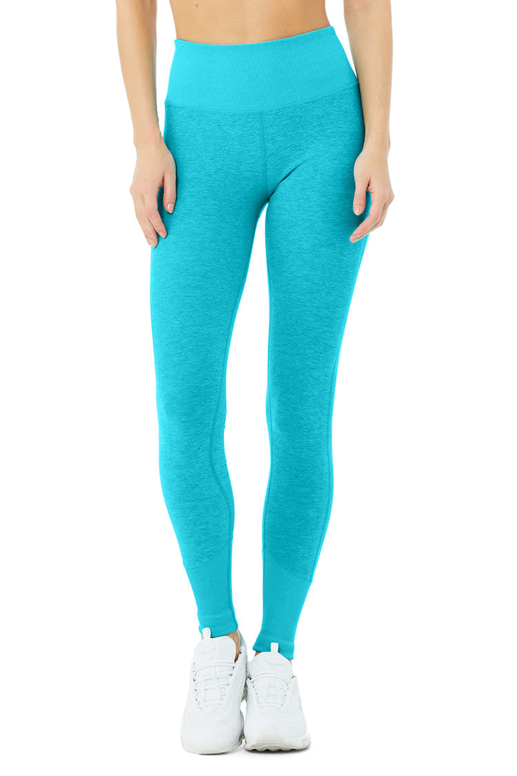 High-Waist Alosoft Lounge Legging in Bright Aqua Heather- Alo Yoga as seen on Hailey Bieber