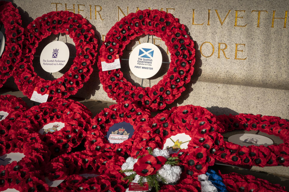 A wreath laid by the First Minister of Scotland Nicola Sturgeon during a Remembrance Sunday service and parade in Edinburgh. Picture date: Sunday November 13, 2022. (Photo by Jane Barlow/PA Images via Getty Images)