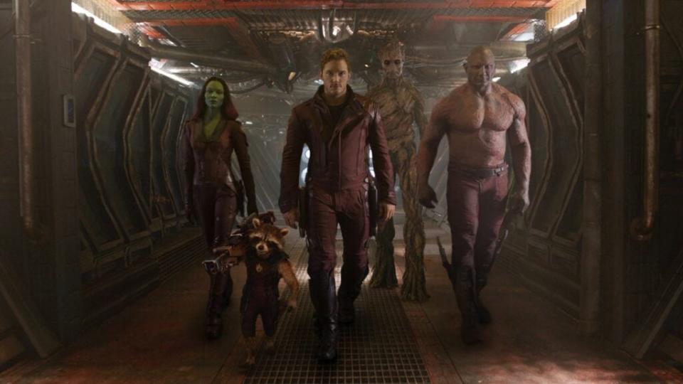 Gamora (Zoe Saldana), Rocket (Bradley Cooper), Star-Lord (Chris Pratt), Groot (Vin Diesel) and Drax (Dave Bautista) break free (Photo credit: Marvel Studios)