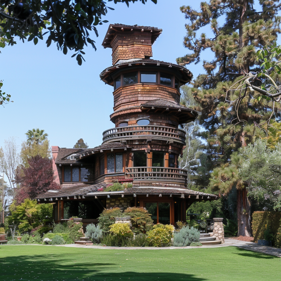 Unique multi-story wooden house with intricate design and surrounding greenery