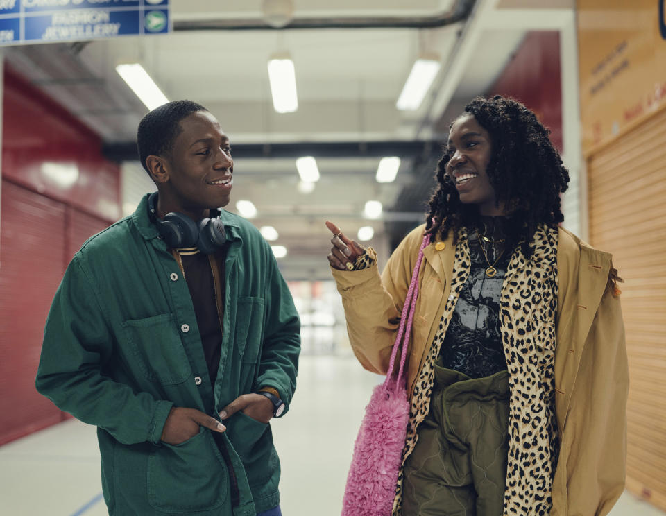 This image released by Hulu shows David Jonsson, left, and Vivian Oparah in a scene from "Rye Lane." (Chris Harris/Hulu via AP)