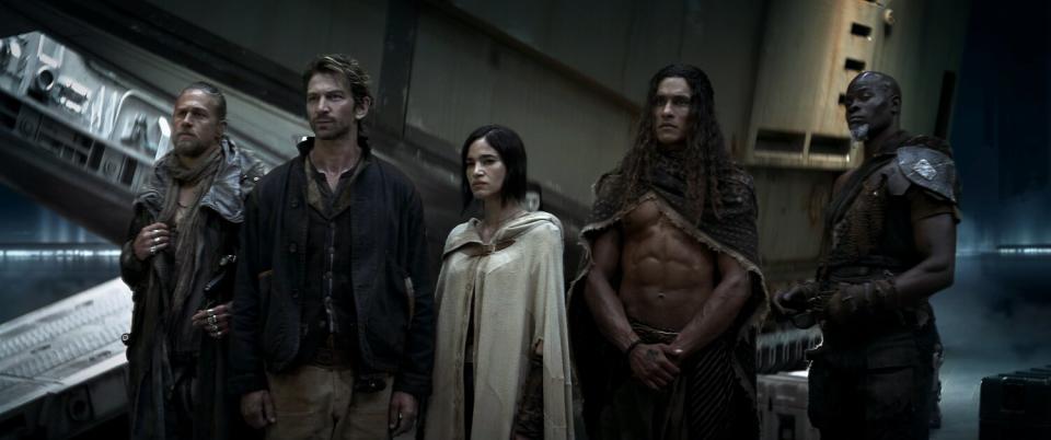 Rebel Moon. (L-R) Charlie Hunnam as Kai, Michiel Huisman as Gunnar, Sofia Boutella as Kora, Staz Nair as Tarak and Djimon Hounsou as Titus in Rebel Moon