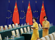 Attendants prepare for the EU-China High-level Economic Dialogue at Diaoyutai State Guesthouse in Beijing, China, June 25, 2018. REUTERS/Jason Lee