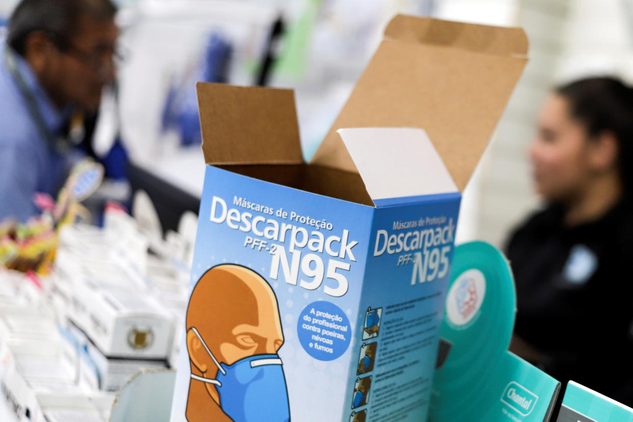 An empty box of N95 respirator masks in a store in Sao Paulo, Brazil, on Feb. 26, 2020. (Rahel Patrasso/Reuters)