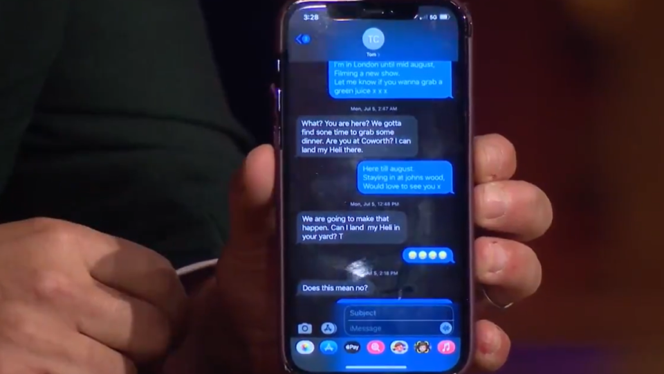 James Corden showed viewers his text exchange with Tom Cruise. (Screengrab from 'The Late Late Show')