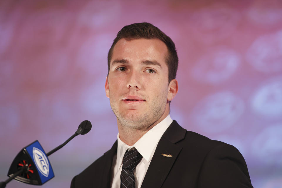 Florida State quarterback McKenzie Milton listens to a question during an NCAA college football news conference at the Atlantic Coast Conference media days in Charlotte, N.C., Thursday, July 22, 2021. (AP Photo/Nell Redmond)