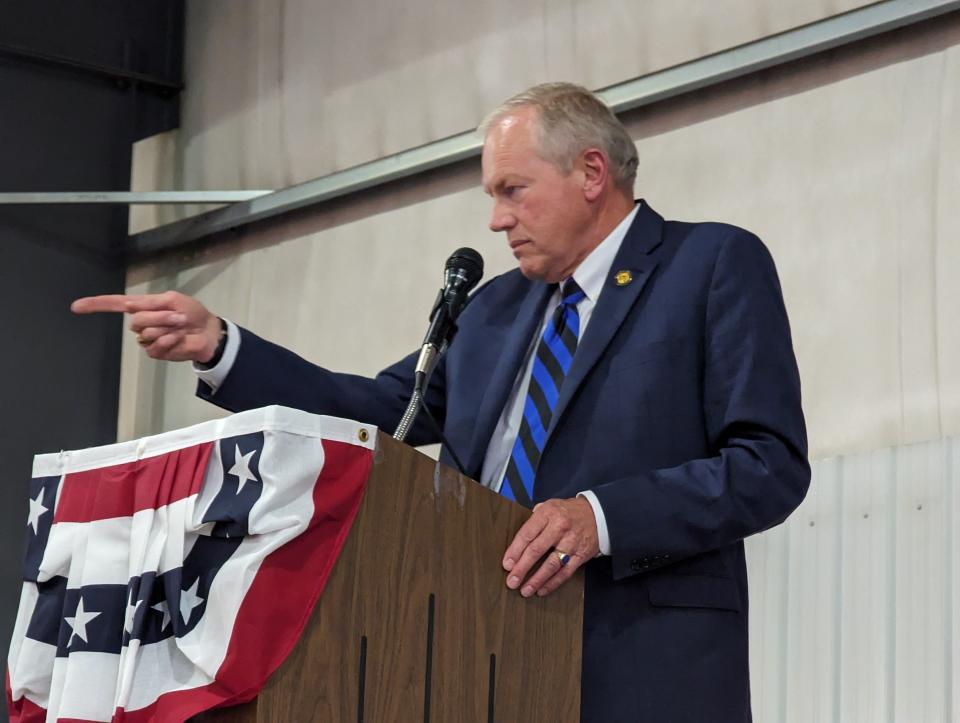 State Sen. Bill Reineke, R-Tiffin, speaks at the Sandusky and Seneca Counties Annual Lincoln Reagan Hayes Day Dinner. The event featured guest speaker Riley Gaines on May 8, 2024, at the Frankart Barn.