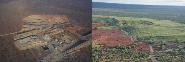 The De Beers-operated Oaks Mine in South Africa was officially closed in 2008. The image on the left is an aerial view of the mine in 1999 shortly after it began operations, while the image on the left depicts the mine site in 2011, after a few years of rehabilitation. Photos: Courtesy of Forevermark