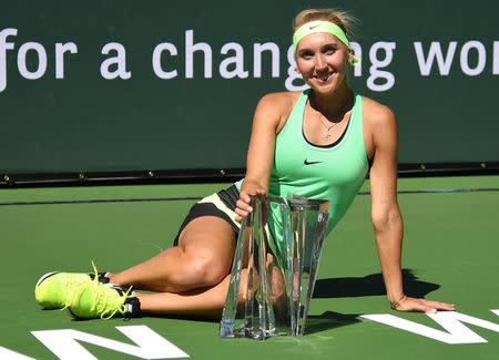 Mar 19, 2017; Indian Wells, CA, USA; Elena Vesnina (RUS) with the championship trophy after defeating Svetlana Kuznetsova (not pictured) in the women's final in the BNP Paribas Open at the Indian Wells Tennis Garden. Mandatory Credit: Jayne Kamin-Oncea-USA TODAY Sports