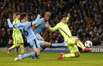 Football - Manchester City v FC Barcelona - UEFA Champions League Second Round First Leg - Etihad Stadium, Manchester, England - 24/2/15 Luis Suarez scores the second goal for Barcelona Reuters / Darren Staples Livepic EDITORIAL USE ONLY.