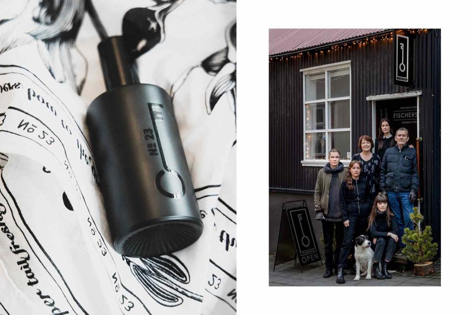 <p>Courtesy of Fischersund</p> From left: the smoky No. 23 ($150), made with Icelandic Sitka spruce, is Fischersund’s best-selling fragrance; the Birgis family outside the Fischersund flagship in Reykjavík.