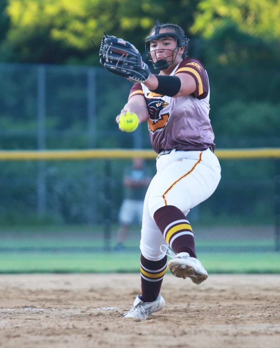 Hailey Berube delivers a pitch during the semifinal game. Case High School softball beat Littleton, 2-1, in the MIAA Division 4 state semifinals at Worcester State University on Tuesday, June 14, 2022.