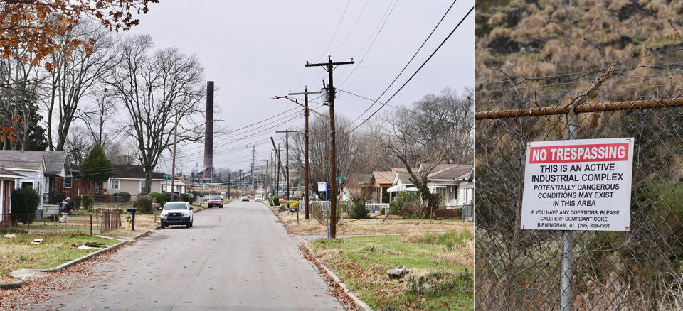 Left: In Harriman Park, residents have a clear view of industry. Right: Across from Keisha Brown's house, a sign warns people of potentially dangerous conditions. (Photo: Katherine Webb-Hehn)