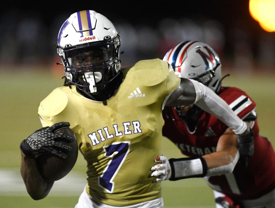 Miller's Lonnie Adkism runs with the ball against Veterans Memorial, Thursday, Sept. 2, 2021, at Buc Stadium. Veterans Memorial won, 62-21.