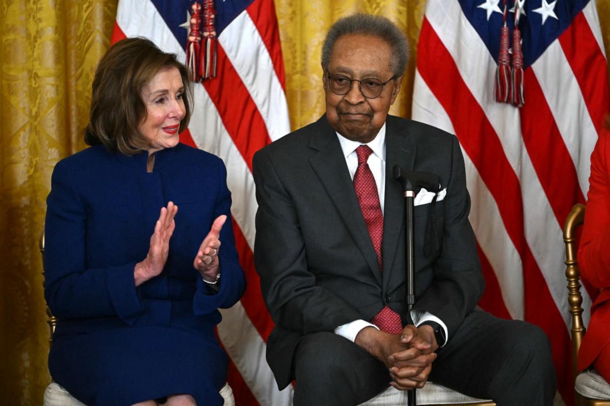 PHOTO: Rep. Nancy Pelosi and lawyer Clarence B. Jones attend the Presidential Medal of Freedom ceremony in the East Room of the White House, May 3, 2024.  (Andrew Caballero-Reynolds/AFP via Getty Images)